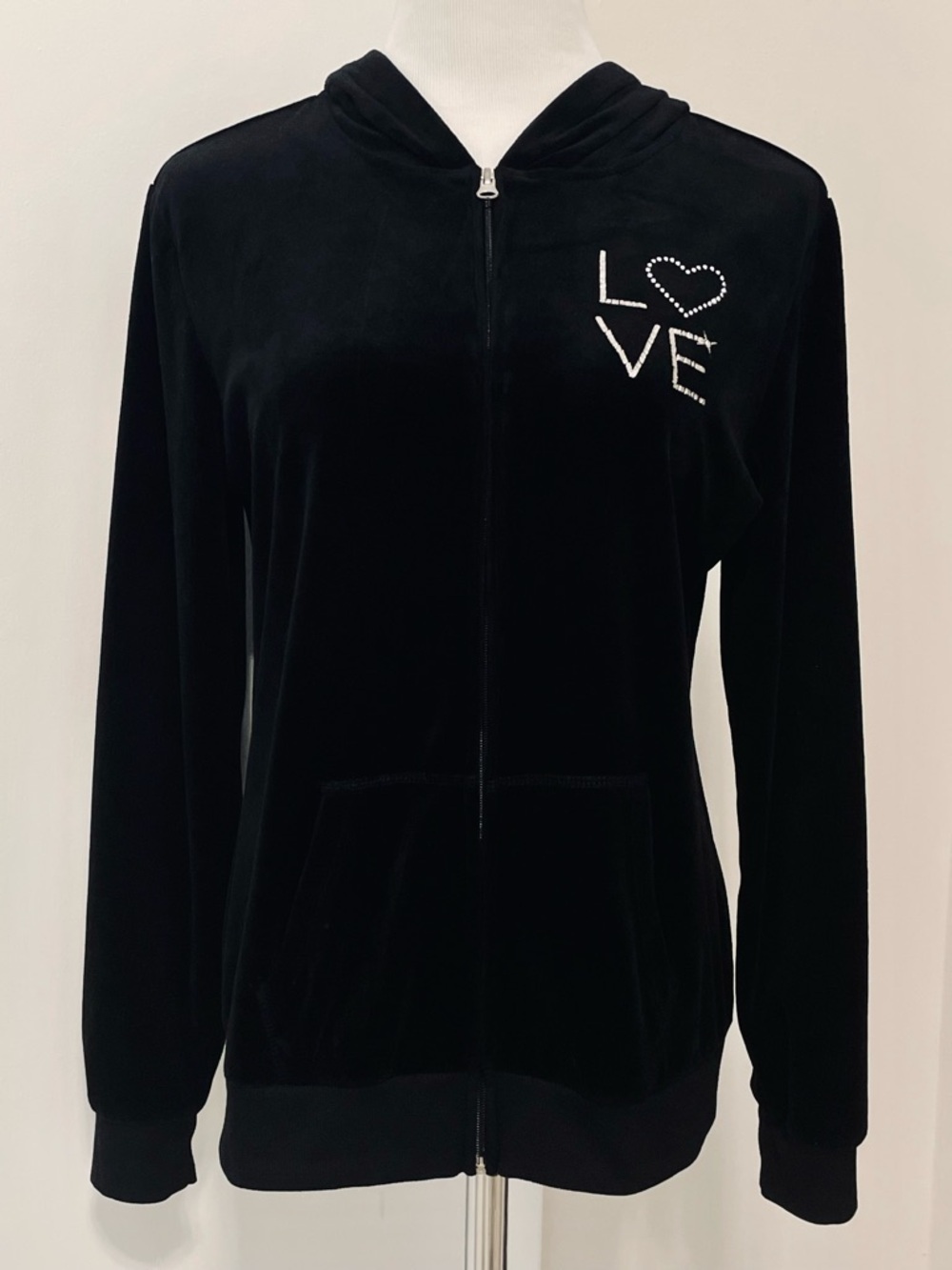 Y2K Hard Candy Black Velour Zip-Up Hoodie with 'LOVE' Rhinestone Detail Size XL